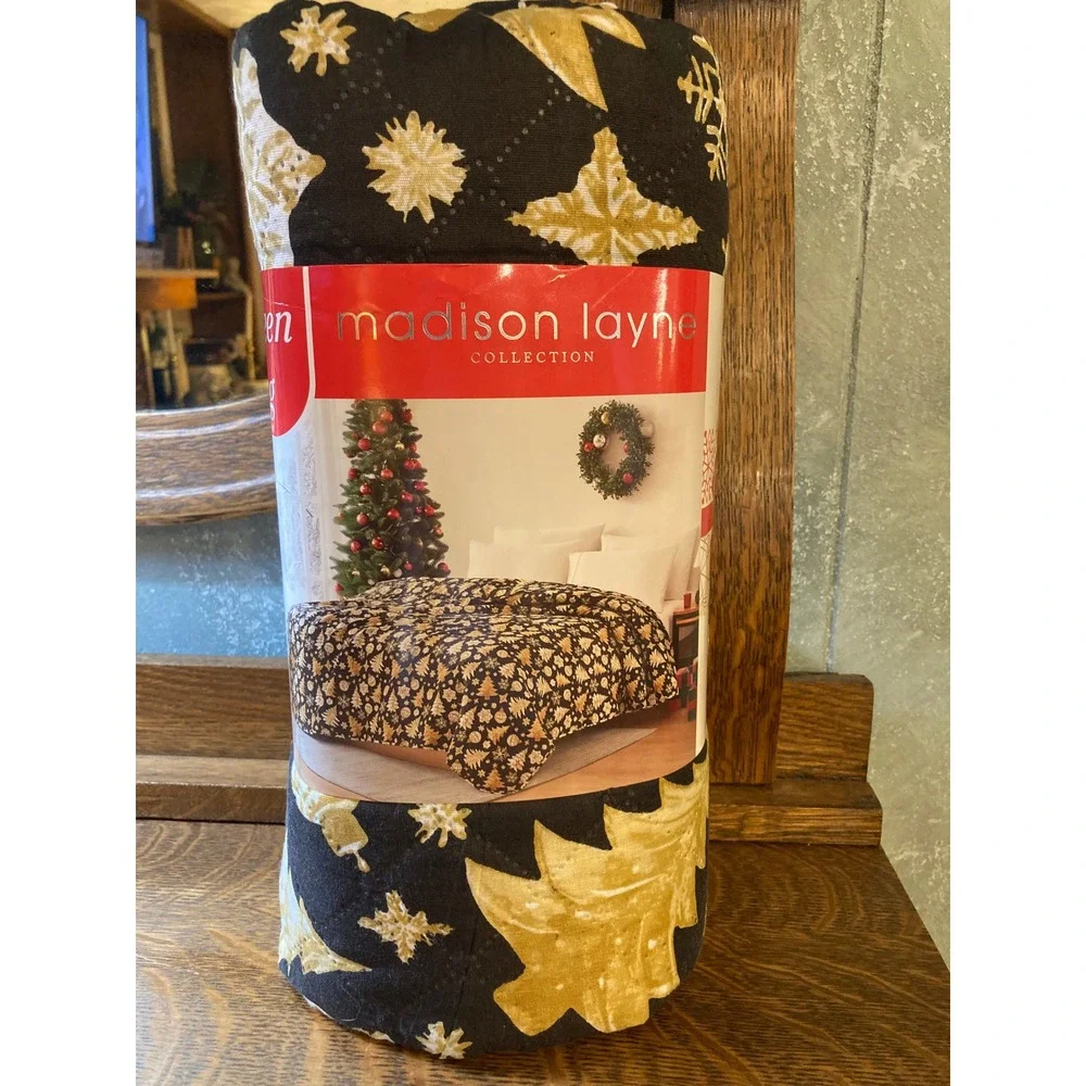 Madison Layne Holiday Sparkle Queen Quilt Black Gold Christmas Tree Snowflake